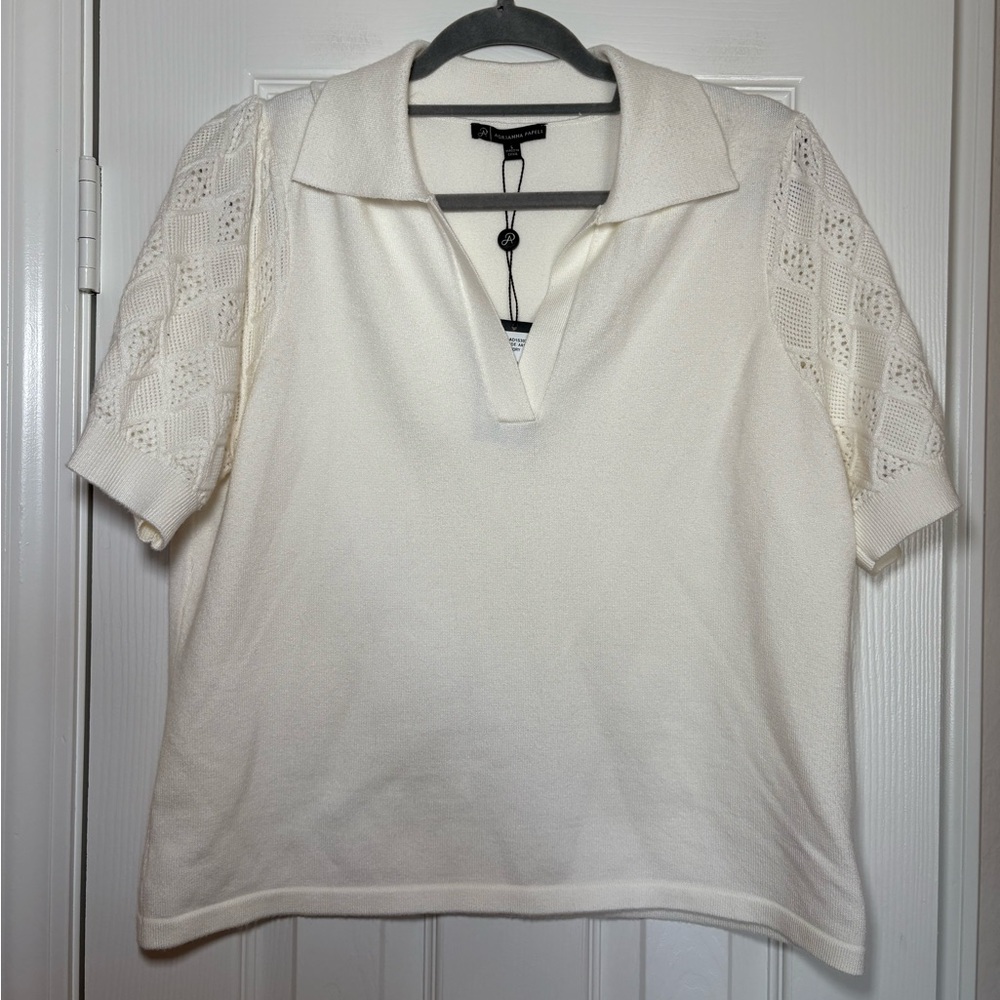 NWT Adrianna Papell Ivory Knit Johnny Collar Top Crochet‎ Sleeve Size L